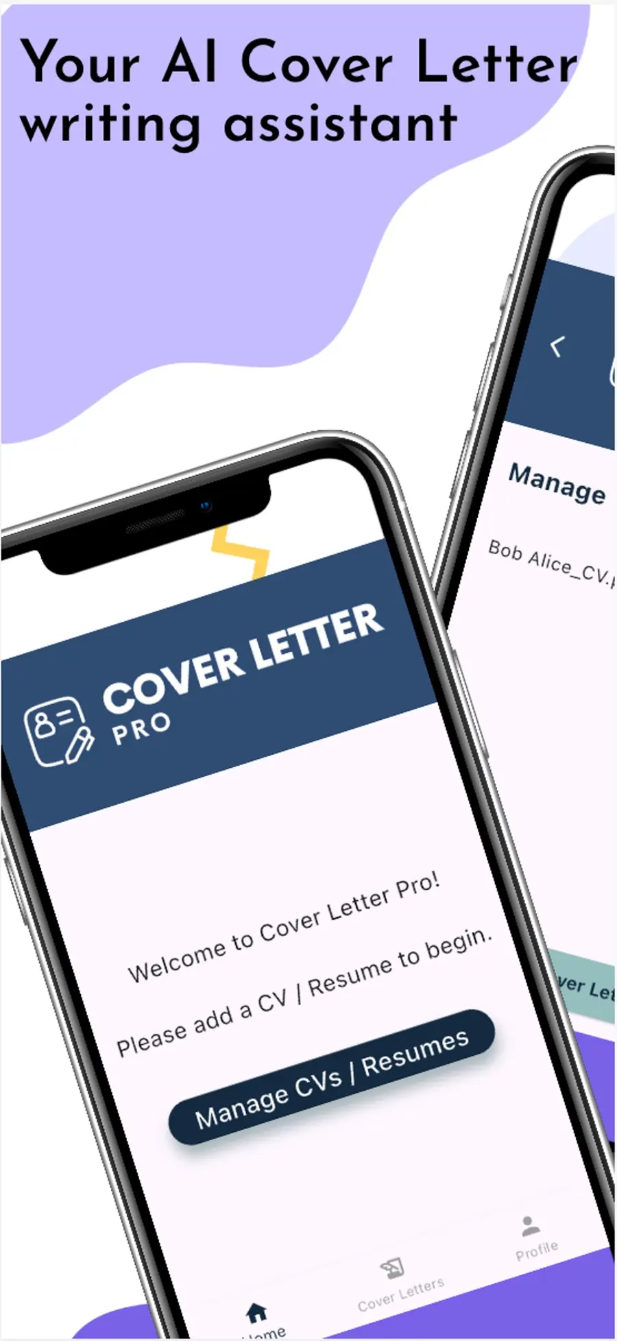 Cover Letter Pro welcome screen on iPhone asking you to add a CV or resume, next to the screen where you manage saved CVs.