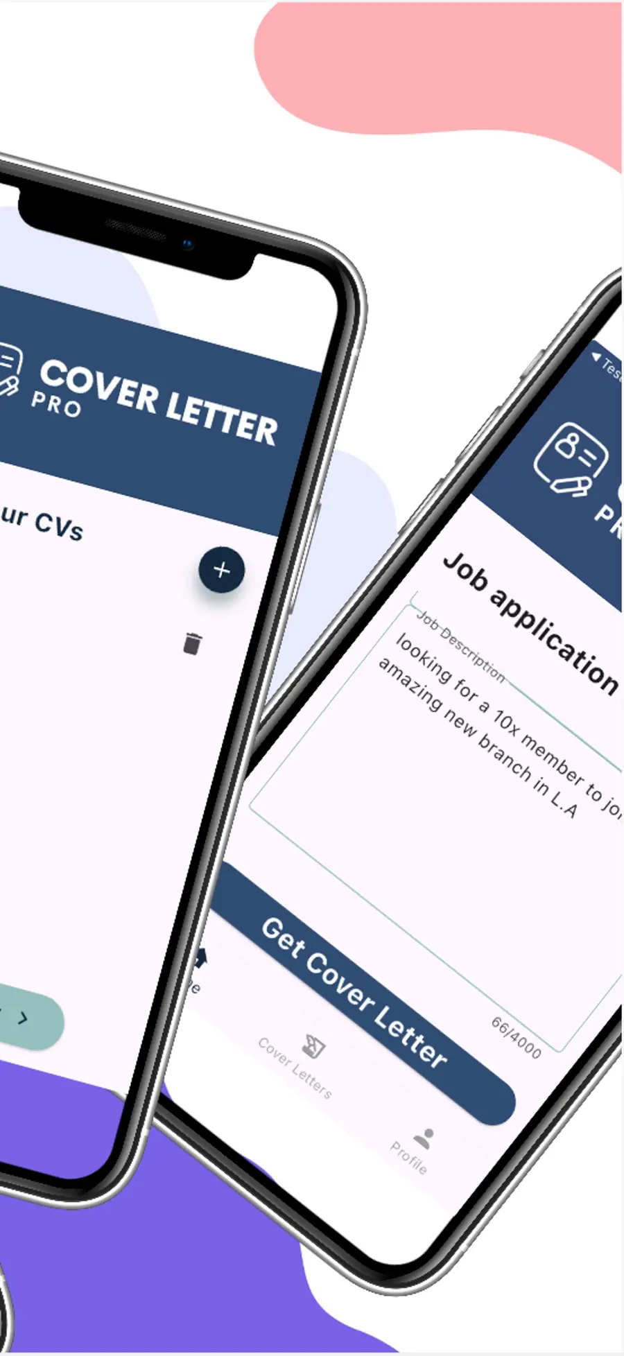 Cover Letter Pro screen for entering the job application details, with a Get Cover Letter button.