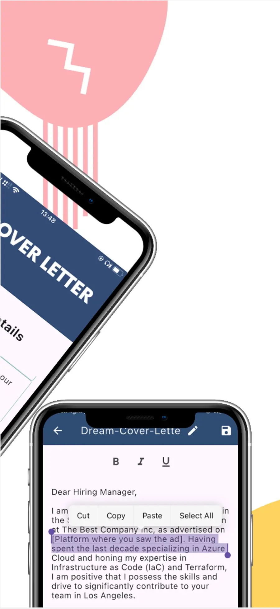 A cover letter open in the Cover Letter Pro editor on iPhone, with bold, italic, and underline buttons and the copy and paste menu.