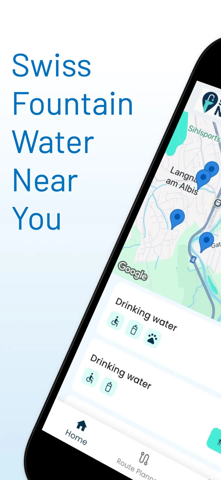 SpringNavi map on iPhone with nearby drinking fountains pinned and a list showing how far away each one is.