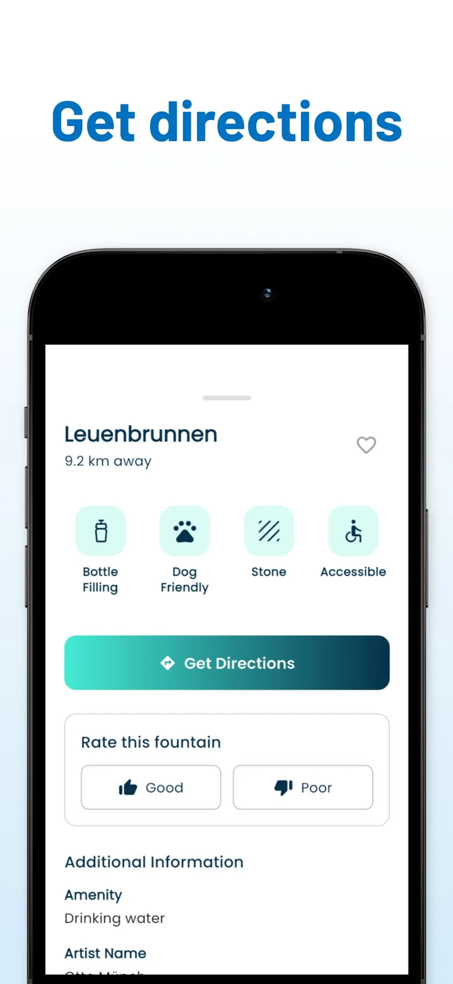 SpringNavi fountain details for Leuenbrunnen, with icons for features like bottle filling, dog-friendly, and wheelchair access, and a Get Directions button.