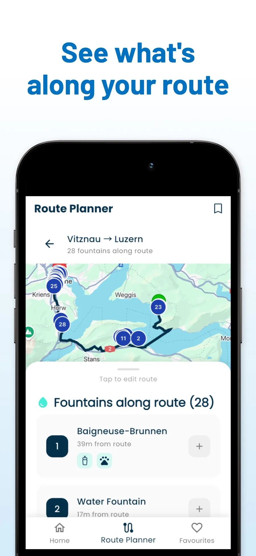 SpringNavi route planner from Vitznau to Lucerne, with the drinking fountains along the route on a map and in a numbered list.